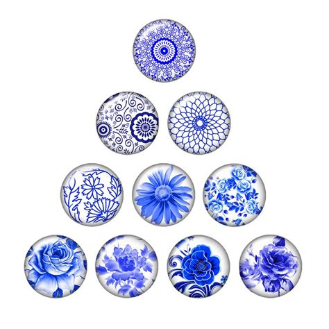Chinese Blue Flowers Pattern 10pcs Mixed 12mm 16mm 18mm 25mm Round Photo Glass Cabochon Demo