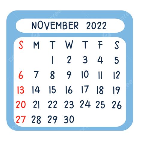 Calendario Simple Noviembre En Color Azul Png Calendario Noviembre