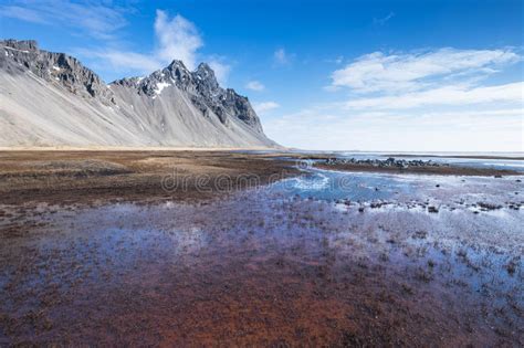 Vesturhorn Mountain Landscape In Southeast Of Iceland Stock Photo