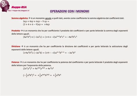 Matematica — equazioni esponenziali con radici, logaritmi, incognita ausiliaria e basi diverse: Mappe-DSA: OPERAZIONI CON I MONOMI | Algebra, Scuola ...