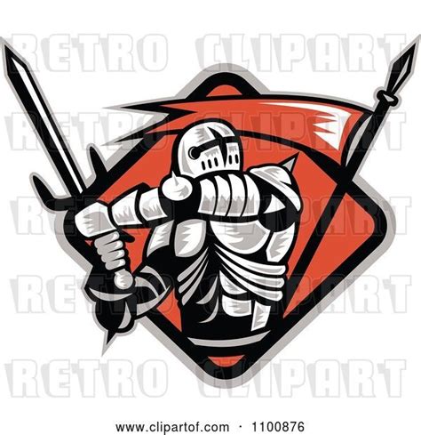Vector Clip Art Of Retro Crusader Knight With A Sword And Red Flag In A