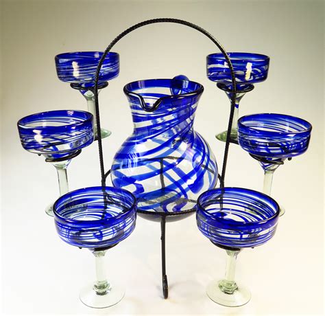 Mexican Margarita Glasses Blue Swirl 15oz Set Of Four Hand Blown In