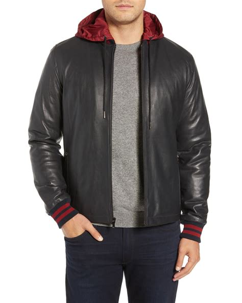 Bugatchi Hooded Leather Bomber Jacket In Black For Men Save 60 Lyst