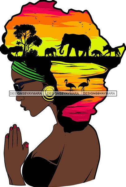 African American Woman Praying Goddess Safari Savanna Africa Continent