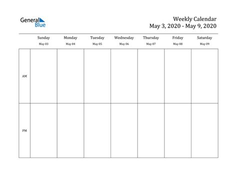 Weekly Calendar May 3 2020 To May 9 2020 Pdf Word Excel