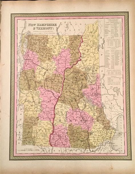 1849 Map Of New Hampshire And Vermont Original Hand Colored Etsy