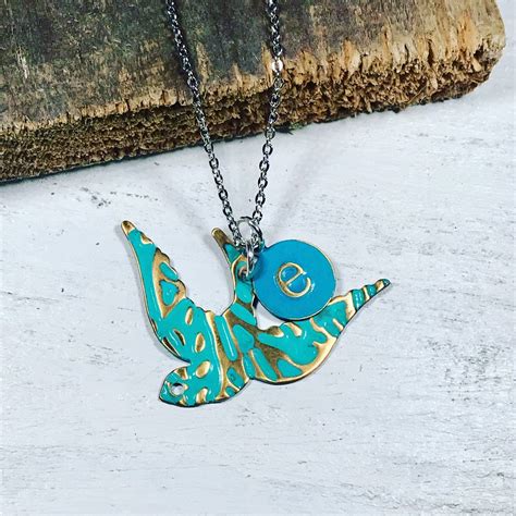 Turquoise Bird Necklace Vintage Necklace Initial Necklace