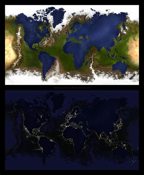 Inverted Earth Geographical Map And Nighttime Image By Mygrapefruit