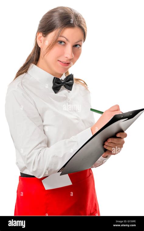 Waitress In Red Apron Receives Order Isolated Picture Stock Photo Alamy