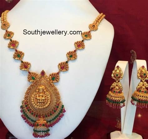 Antique Gold Temple Necklace And Jhumkas Jewellery Designs