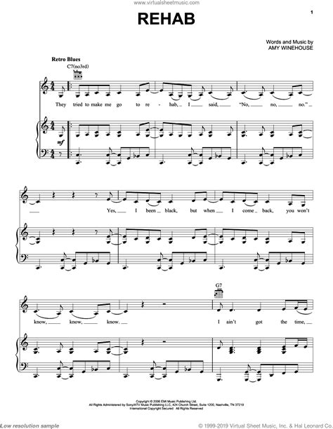 Winehouse Rehab Sheet Music For Voice Piano Or Guitar Pdf