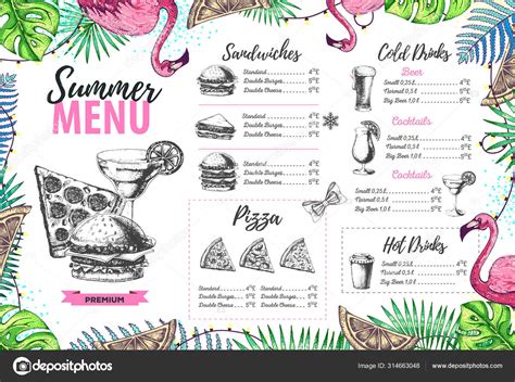 Restaurant Summer Menu Design With Tropic Leaves And Flamingo Fast