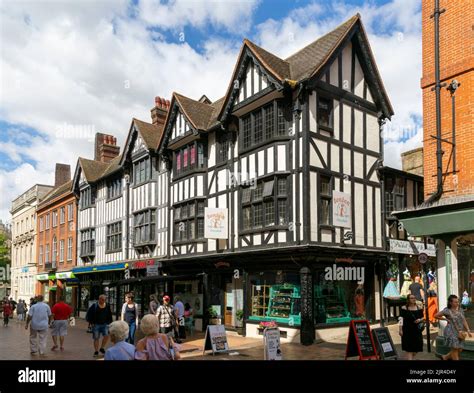 Shops And Shoppers Mock Tudor Half Timbered Buildings In Town Centre
