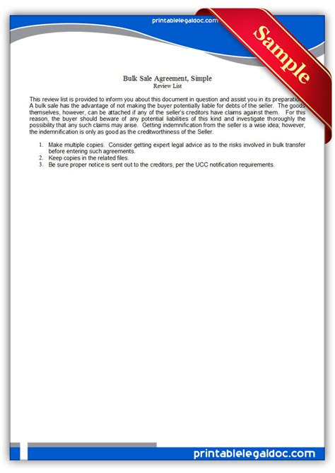 Free Printable Bulk Sale Agreement Simple Form Generic