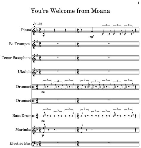 You Re Welcome From Moana Sheet Music For Piano Trumpet Tenor Saxophone Classical Guitar