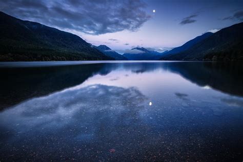 Mountain Lake Water Surface Night Blue Lilac Sky Clouds Moon Reflection