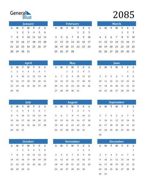 2085 Calendar Pdf Word Excel