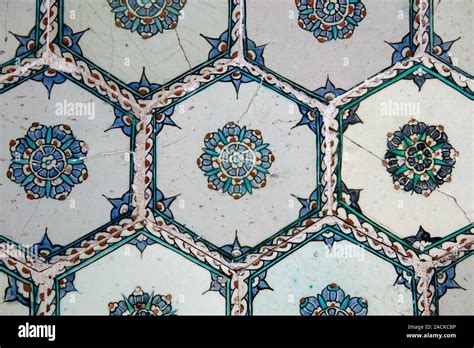 Handmade Old Turkish Blue Ceramic Tiles On The Wall In Istanbul City