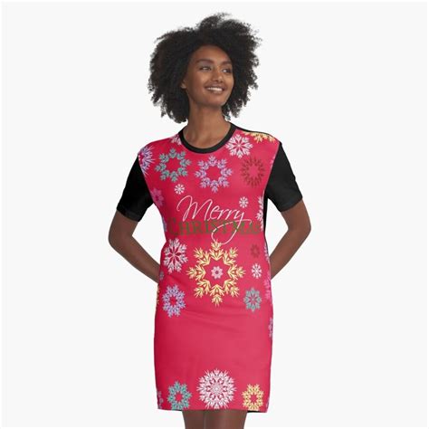 Merry Christmas Red Dress Multicolored Snowflakes Graphic T Shirt Dress