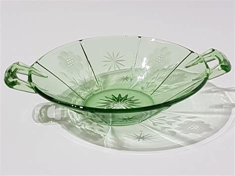Vintage Green Depression Glass Handled Glass Dish With Floral Etching 1940s