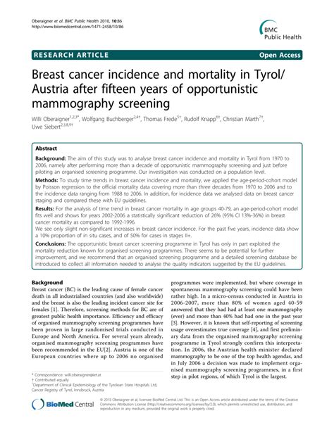 Pdf Breast Cancer Incidence And Mortality In Tyrolaustria After