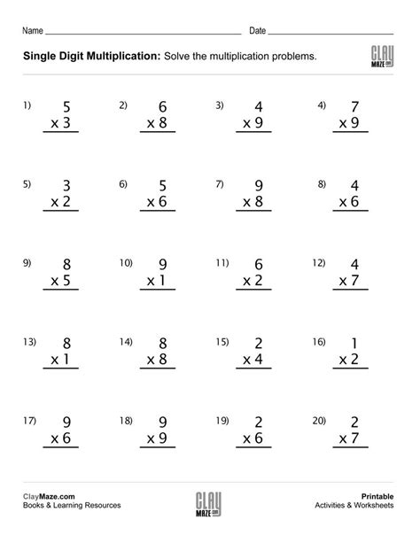 1 Digit Multiplication Worksheets