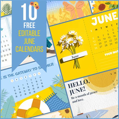 Free Yellow June Editable Calendar Masterbundles
