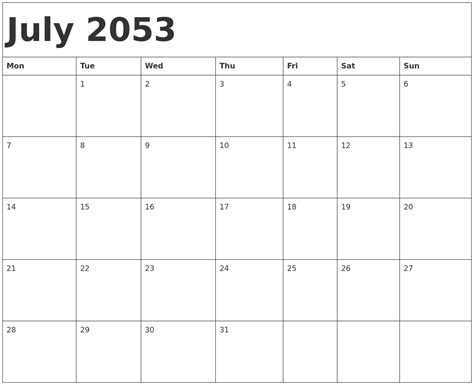 July 2053 Calendar Template