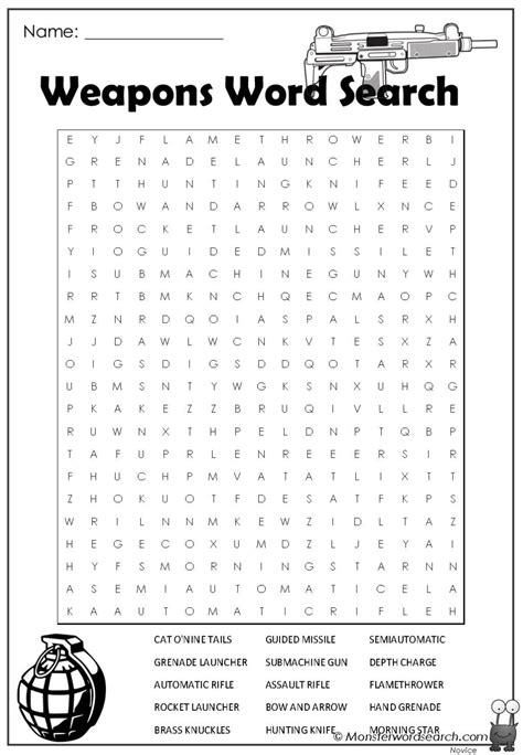 Weapons Word Search Monster Word Search