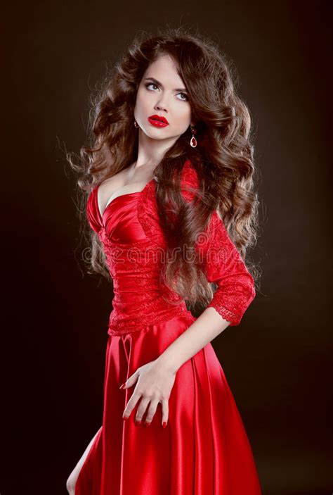 Beautiful Woman In Red Dress Attractive Fashion Girl Model With Stock