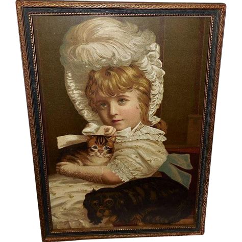 Chromolithograph Of Girl In Big Hat With Kitten And Dog Cat Allergies