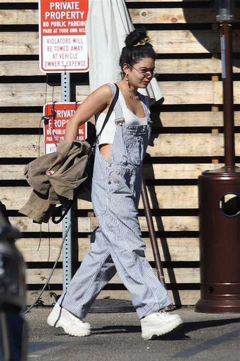 Vanessa Hudgens Dons Pinstriped Overalls While Out With Her Pup In Los Feliz California