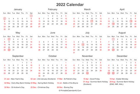 2022 Calendar With Uk Bank Holidays At Bottom Landscape Layout