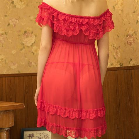 Qwertyu Off The Shoulder Sexy Lingerie For Women Lace Nightgown Chemise Mesh Teddy Sleepwear Red