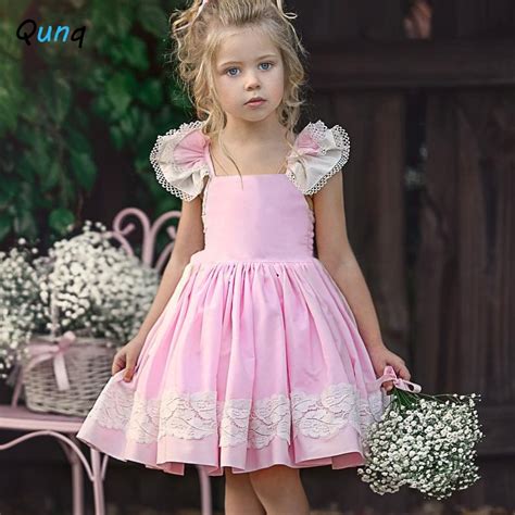 Qunq Girls Dress Summer Pink Lace Children Princess Wedding Birthday