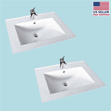 Self Rimming Square Bathroom Drop In Sink White China Set Of 2