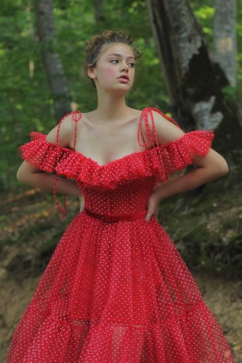 details candy red dress color polka dots tulle fabric off shoulder dress with butterfly