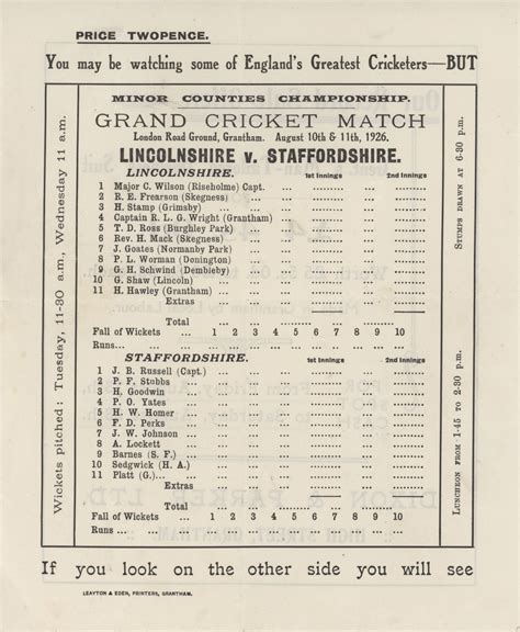 Lincolnshire V Staffordshire 1926 Cricket Scorecard Incl Sf Barnes