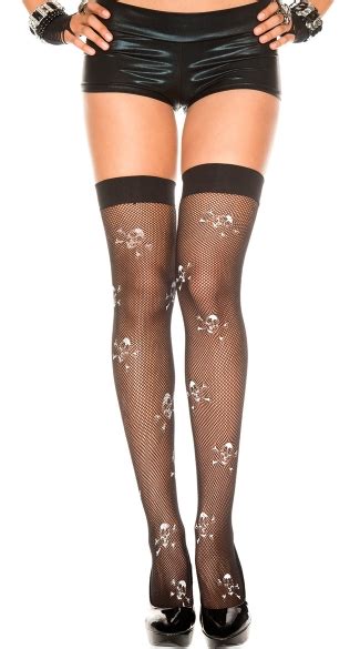 Fishnet Thigh High With Skull And Crossbones Print Stay Up Thigh High