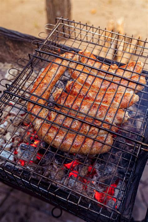 Grilled Sausage On The Picnic Flaming Grill Stock Photo Image Of Food