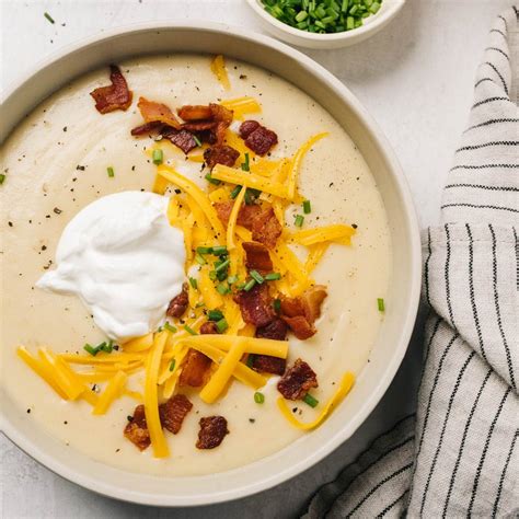 Purée the soup, using a blender in batches or a handheld immersion blender. Loaded Baked Potato Soup Using Chicken Stock, Cream Cheese ...
