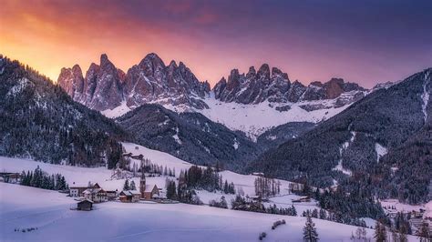 Santa Maddalena Dolomites Italy Snow Peaks Trees Landscape