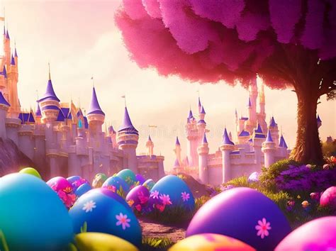 Painted Easter Eggs In Front Of A Fairy Tale Castle Ai Generated