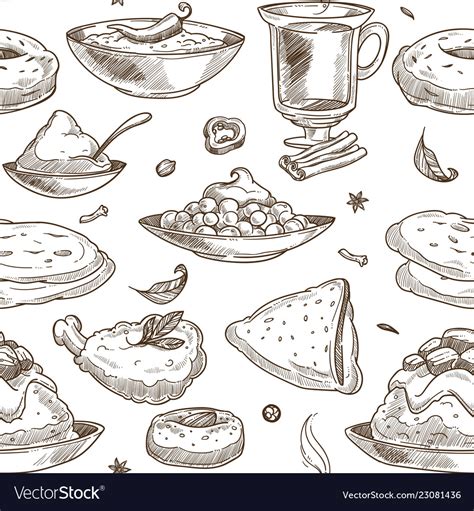 Indian Cuisine Sketch Pattern Background Vector Image