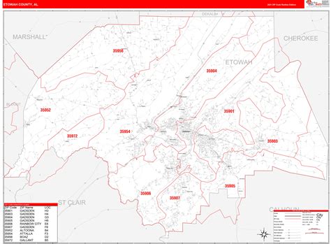 Etowah County Al Zip Code Wall Map Red Line Style By Marketmaps Mapsales