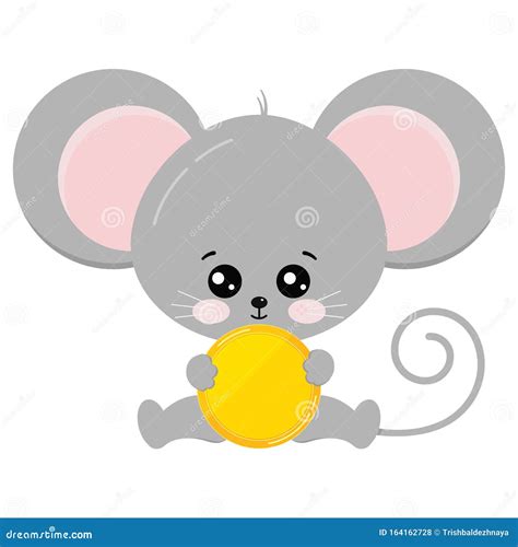 Cute Mouse Sit With Golden Coin In Paws Vector Illustration Stock