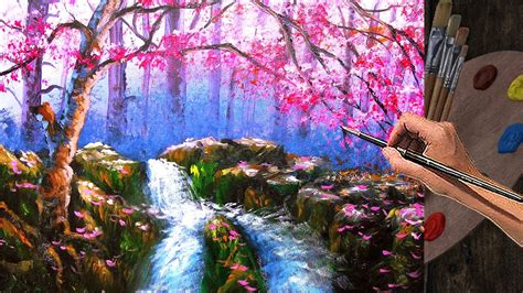 Step By Step Waterfall And Cherry Blossom Painting Tutorial With