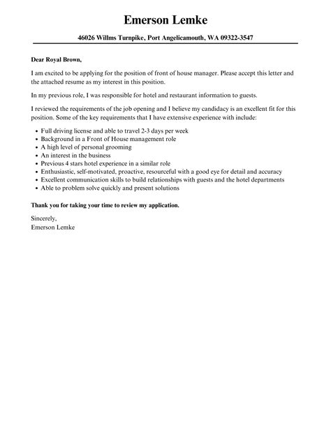 Front Of House Manager Cover Letter Velvet Jobs