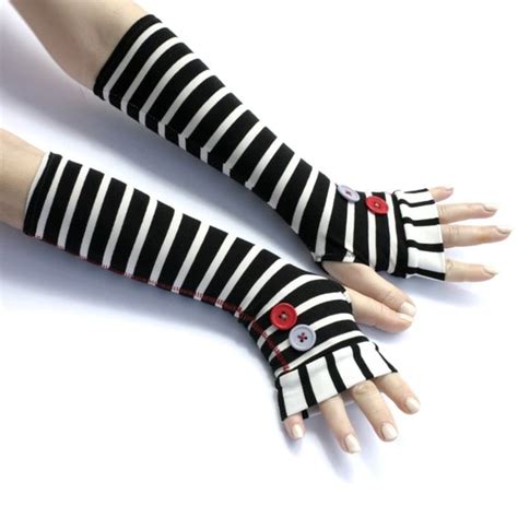 black and white striped fingerless gloves with large buttons