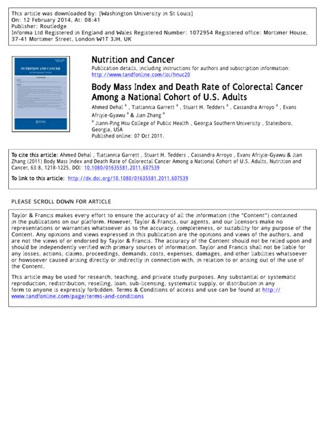 Pdf Body Mass Index And Death Rate Of Colorectal Cancer Among A